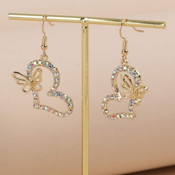 •Flutter Away in Color• Multicolor Stone Gold Drop Butterfly Earrings - Picture 2 of 2
